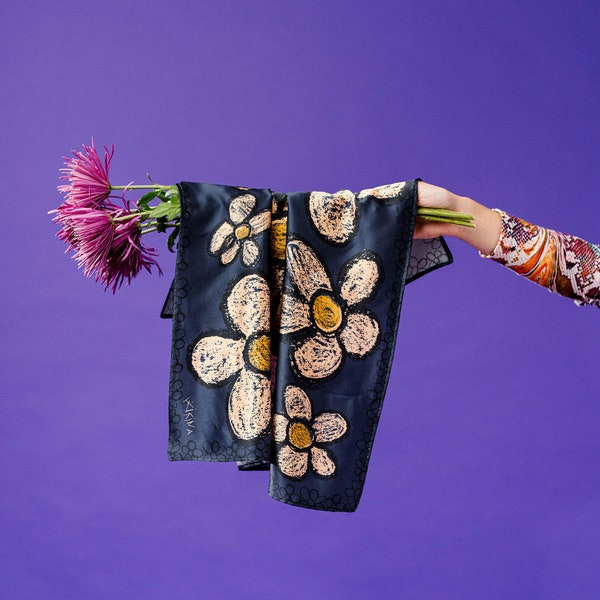 Large Daisy Print Real Satin Silk Bandana/Satin Silk Neckerchief/ gift for her/real satin silk /Silk Square/Handmade/Gifts/Present