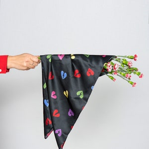 Heart Black Bandana, Satin Silk Square Scarf with Hearts Print, Real Satin Silk Square, Satin Silk Scarf Women, Gift For Her/Valentine&#39;s Day