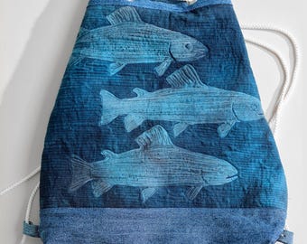 Embroidered Fish Quilted Bucket Backpack: Handmade Denim Bag