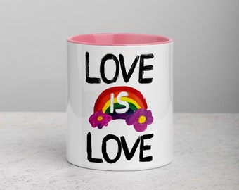 Love is Love Painted Slogan Rainbow Mug with Colour Inside/PRIDE/