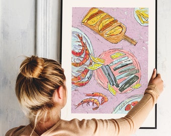 Tapas With Prawns Artwork.A3 SIZE/Gift Idea/Poster/Wall Art/Unframed/Giclée/ Spanish Dish/ Shrimp Print/Lobster Print/ Hand Drawn Lobster