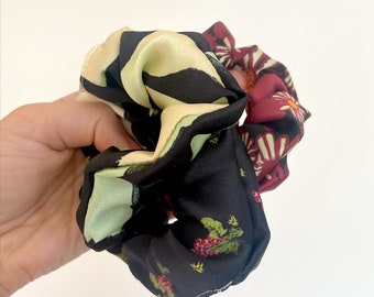 Trio Satin Silk Scrunchies/Handmade in London/ Pattern/Tie Dye/ Printed/Zebra/Lemon/Grape/Daisy/Hair Clip/Gift Set/Real Silk