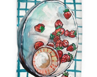 British Strawberries. Linen Tea Towel, Summer Dish, Berries, Kitchen Linens with Strawberry Print, Printed Towel, HandDrawn Linen Dishcloth