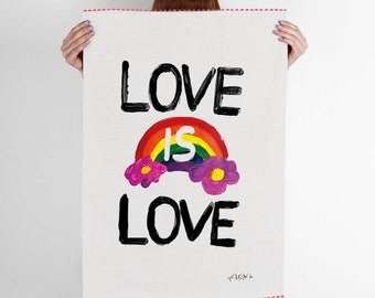 Love is Love Slogan /Pride Graphic/ Kitchen Linen Tea Towel/Wall Hanging/Wavy Edge/Cotton Linen/Painted Rainbow/Perfect Gift Ideas /Gifts