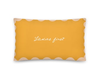 Ladies First Slogan Linen Look Reversible Cushion