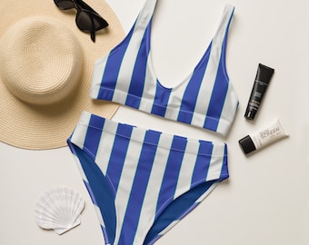 Marine Stripe Recycled high-waisted bikini in Blue