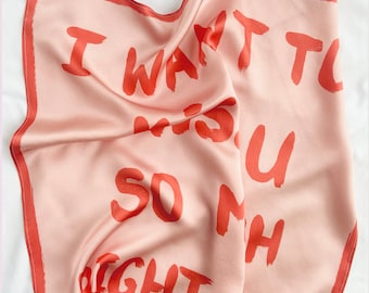 Kiss Satin Silk Bandana/ Neckerchief / Slogan/ Gift Idea/Love print/Silk Square/Handmade/Gifts/Valentine gift for her/Pastel Scarf/Natural