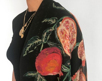 Pomegranate Print Real Silk Square Scarf/Georgette Square Scarf/Painted Fruit/Premium Matte Quality/Perfect for a present