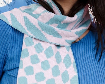 Checkered Wool & Cashmere Scarf in Blue and Pink/Checkerboard Stripe/Check/Eco Knitwear/Op art/Winter Scarf/Gifts Ideas/Presents/70s pattern