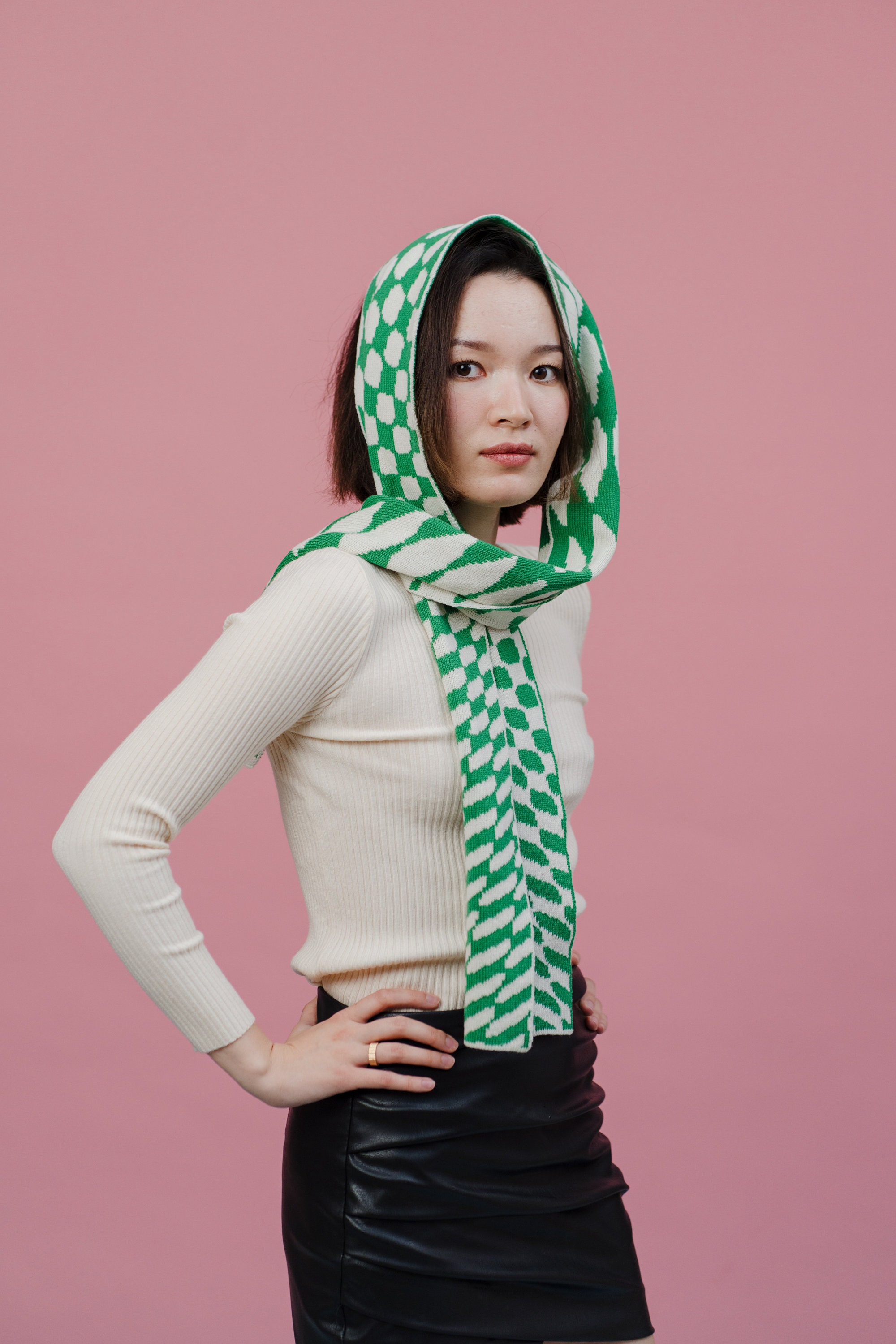 Checkered Wool and Cashmere Scarf in Green and Ecru, Checkerboard Stripe Scarf, Eco Knit Scarf, Avant Garde Winter Scarf, 70s Style Scarf