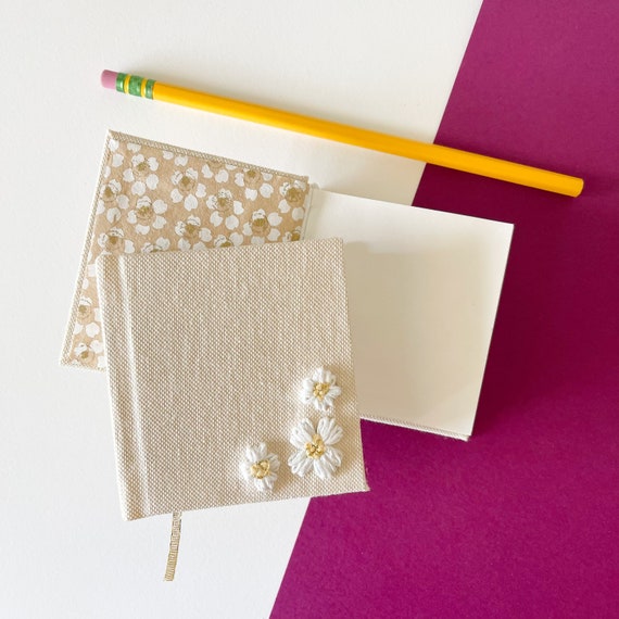 Small Blank Sketchbook With Daisies, Hand Embroidered Flower Book