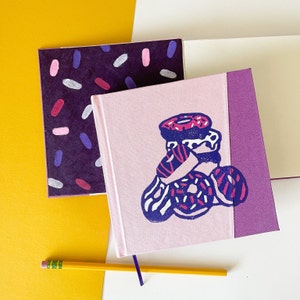 Hand Stitched Sketchbook with Donuts, Pink and Purple Hard Cover Sketchbook, Food Illustration Journal, Blank Sketchbook for Drawing