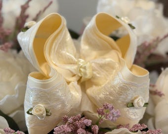 Ivory satin and lace rose bow/ boutique bow/ lace bow/ spring bow/ bow on clip/ bow on nylon/ baby girl bow/ girls bows