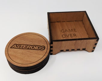 Classic Arcade Wooden Coaster Set of 6  | Holder Included | Video Games | Round/Circle | Gift