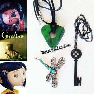 Coraline Looking Stone Necklace, Skeleton Key Necklace & Dragonfly Hair Bobby Pin ~ Coraline Costume ~ Coraline Cosplay