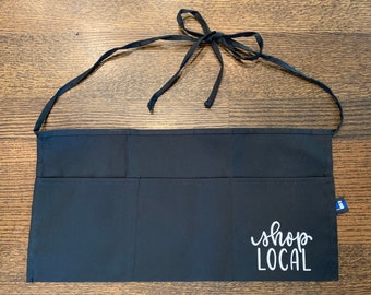 Shop Local Waist Apron - Cute Three-Pocket Vendor Apron for Small Business Owner, Black Waist Apron with Pockets, Half Apron, Gift for Women