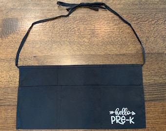 Hello Pre-K Waist Apron - Cute Three-Pocket Apron for Teachers, Black Waist Apron - Pockets, Half Apron, Preschool Teacher Appreciation Gift