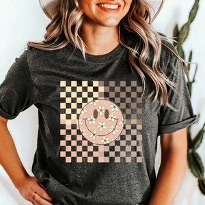 Smiley Face Shirt Checkered Smiley Face Tshirt Smile Face Tee Happy Face Checkered Pattern Smiling Face Shirt Gift for Her Mother&#39;s Day Gift