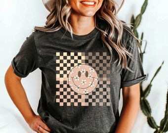 Smiley Face Shirt Checkered Smiley Face Tshirt Smile Face Tee Happy Face Checkered Pattern Smiling Face Shirt Gift for Her Mother's Day Gift