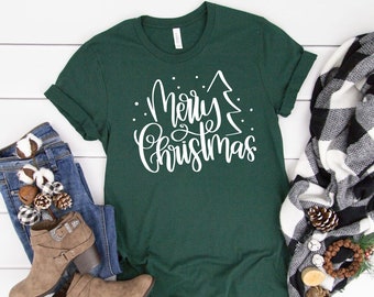 Merry Christmas Shirt - Christmas Tree Shirt, Merry Christmas T-Shirt, Forest Green Holiday Tshirt, Gift for Her, Party Tee, Shirt for Woman