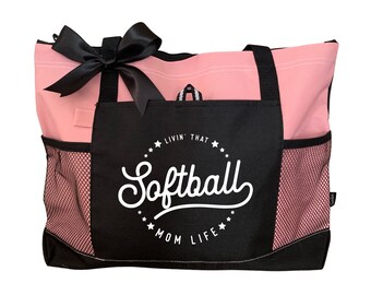 Softball Mom Tote Bag - Softball Mom Bag, Softball Bag, Softball Gift, Zippered Tote Bag, Livin' that Softball Mom Life Tote, Sports Mom Bag