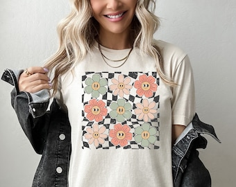Checkered Flowers Shirt Retro Smiley Face Shirt Distressed Checkered Smiley Face Tshirt Smile Happy Face Checkered Pattern Smiling Face Tee