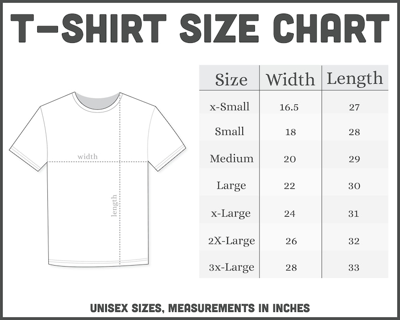 May include: T-shirt size chart with a diagram of a t-shirt showing width and length measurements. The chart lists sizes from x-small to 3x-large with corresponding width and length measurements in inches.
