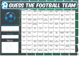 FOOTBALL TEAM Guess The Name of  Scratchcard Fundraising Game Fete Fair Fayre Scratch and Match Card