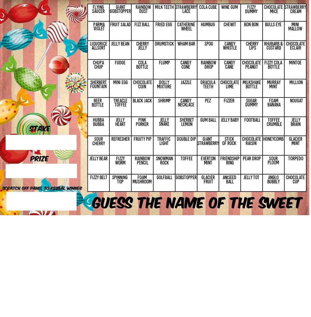 SWEET Guess the Name of Scratchcard Fundraising Game Easter Fete Fair ...
