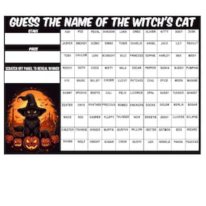 May include: A rectangular game card titled GUESS THE NAME OF THE WITCH'S CAT featuring a grid of 100 cat names, a STAKE and PRIZE section, a SCRATCH OFF PANEL TO REVEAL WINNER area, and an illustration of a black cat in a witch hat with pumpkins.