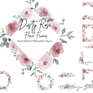 Dusty Rose Watercolor Floral Clipart Frames Clip Art Wreath Border Blush Pastel Wedding Clipart Bridal Shower Graphics Printables Template