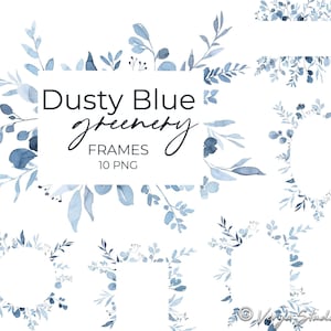 Dusty Blue Greenery Rahmen Aquarell Botanische Clipart Blumenrahmen Kranz Border Light Baby Blau Blätter Hochzeit Grafiken Handgemalt PNG