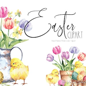 Clipart di Pasqua ad acquerello Clipart di primavera Illustrazioni di pulcini gialli Mazzi di tulipani Narcisi Fiori Ghirlanda floreale Uova di Pasqua Cestino PNG