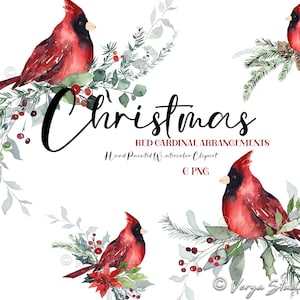 Cardeal vermelho Natal Clipart Aquarela Natal Clip Art Inverno Pássaro Verdura Bagas Azevinho Buquês Cartões de Natal DIY Sublimação Imprimível