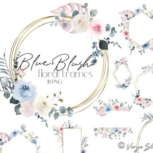 Cornici Blush Azzurro Clipart Acquerello Floreale Clipart Fiori Clip Art Rosa Blu Polvere Crema Bordo Bianco Cornice Geometrica Oro Nozze