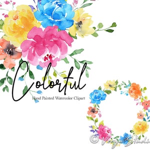 Bunt Aquarell Blumen Clipart Floral Clip Art Hell Blau Rosa Lila Gelb Orange Blumen Und Grün Blumensträuße Kranz Sommer Frühling