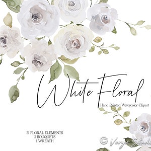 Clipart fleurs aquarelle blanc crème ivoire Floral Clip Art verdure légère bouquet couronne de roses mariage Clipart fleurs graphiques