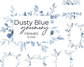 Dusty Blue Greenery Frames Watercolor Botanical Clipart Floral Frames Wreath Border Light Baby Blue Leaves Wedding Graphics Hand Painted PNG