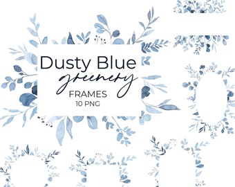 Cadres verdure bleu poussiéreux aquarelle botanique Clipart cadres floraux bordure de guirlande bleu ciel clair feuilles mariage graphiques PNG peint à la main