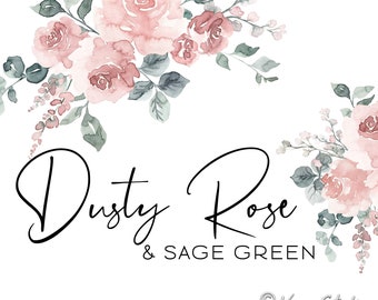 Dusty Roses Clipart Watercolor Floral Clip Art Dusty Pink Flowers Sage Green Greenery Leaves Bouquets Wedding Invitations Graphics Boho PNG