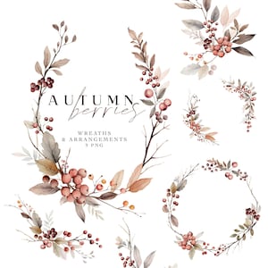 Otoño Berry Corona Clipart Acuarela Otoño Clip Art Bayas Hojas Botánico Silenciado Colores Suaves Ramos Arreglos Gráficos de Boda 9 PNG