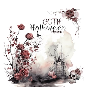 Goth Halloween Clipart Watercolor Floral Fall Autumn Harvest Gothic Spooky Clip Art  Invitation Templates Skull Pink Pumpkin Roses PNG
