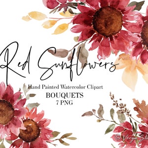 Tournesols bordeaux Clip Art aquarelle Floral Clipart bouquets de tournesols rustique automne feuilles automne mariage Clipart rouge Thanksgiving PNG