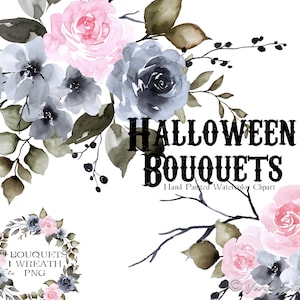 Roze Halloween clipart bloemen clip art pastel Goth clipart aquarel bruiloft clipart Halloween boeketten Halloween krans herfst bloemen PNG
