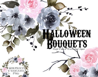 Pink Halloween Clipart Floral Clip Art Pastel Goth Clipart Watercolor Wedding Clipart Halloween Bouquets Halloween Wreath Fall Flowers PNG