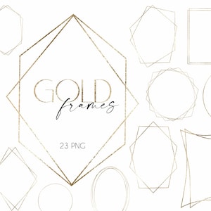 Gold Frames - Geometric Golden Frames Clipart, Wedding Invitations Template, Vintage Frame, Metallic Golden Frames, Invitation Graphics PNG