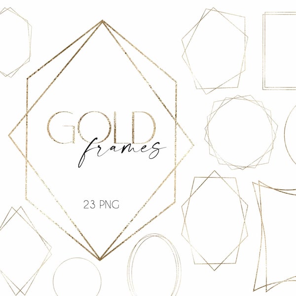 Gold Frames - Geometric Golden Frames Clipart, Wedding Invitations Template, Vintage Frame, Metallic Golden Frames, Invitation Graphics PNG