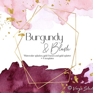 Bourgondië goud aquarel spatten clipart geometrische gouden frames Clip Art rood roze blos wast vlekken gouden splatter bruiloft sjablonen