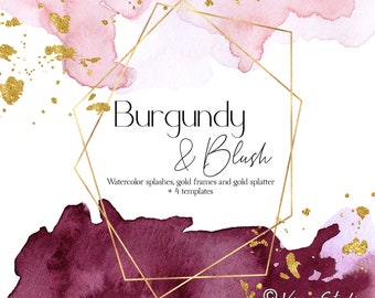 Burgundy Gold Watercolor Splashes Clipart Geometric Gold Frames Clip Art Red Pink Blush Washes Blotches Golden Splatter Wedding Templates