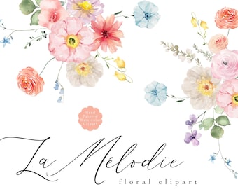 Mélodie Floral Clipart, Watercolor Clipart, Watercolor Flower PNG, Spring Flowers, Pastel Bouquets, Blush Floral Clipart, Peach Blue Floral